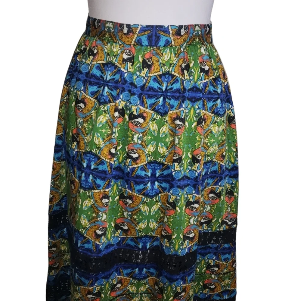 Sam Edelman Tulum Parrot Print Midi Skirt Size 12 Crochet Panels Bird Rockabilly